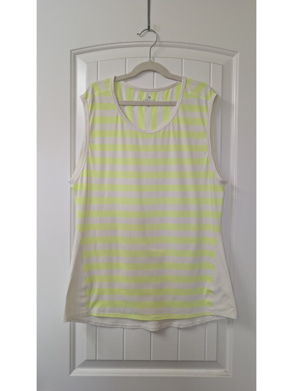 Athleta Women's White Yellow Striped Round Neck Stretch Tank Top Relaxed Fit M
